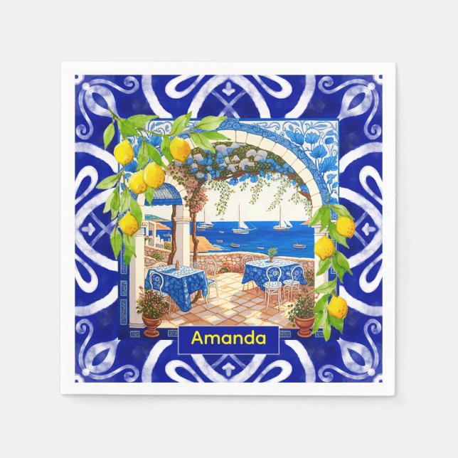 Sicilian Mediterranean majolica citrus blue tiles Napkin (Front)