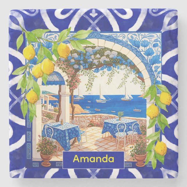 Sicilian Mediterranean majolica citrus blue tiles Stone Coaster (Front)