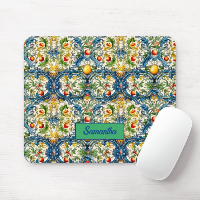 Sicilian Mediterranean oranges majolica blue Mouse Mat (With Mouse)