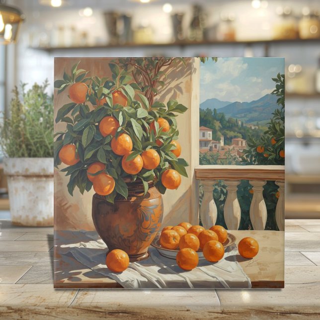 Sicilian Orange Tree Tile with Balustrade View (Sicilian Oranges Artisan Ceramic Tile - View of Sicily Heritage gift)