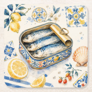 Sicilian Sardine Watercolor Art Square Paper Coaster