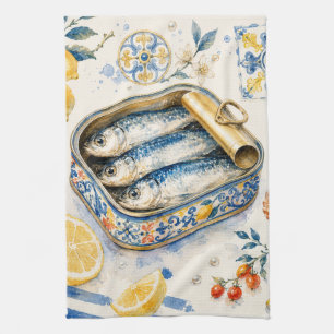 Sicilian Sardine Watercolor Art Tea Towel