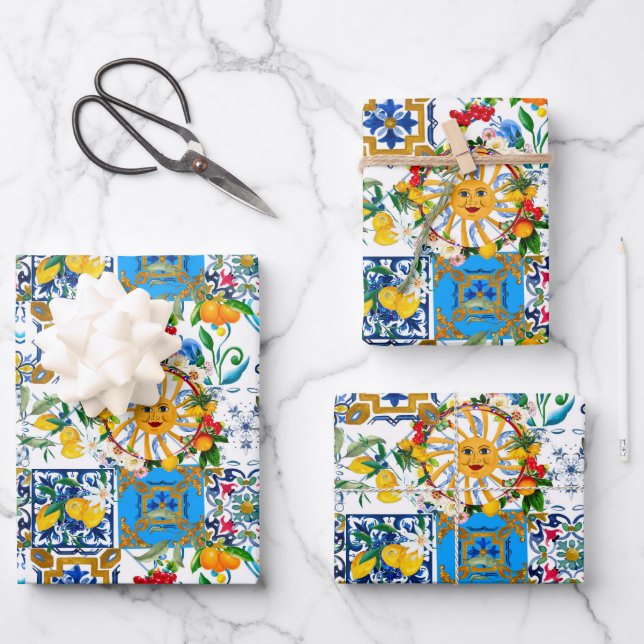 Sicilian style,summer art,lemons wrapping paper sheet (Front)