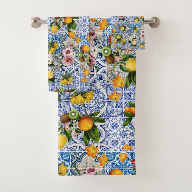 Sicilian style tiles with flowers and lemon bath towel set (Insitu)