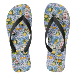 Sicilian style tiles with flowers and lemon flip flops