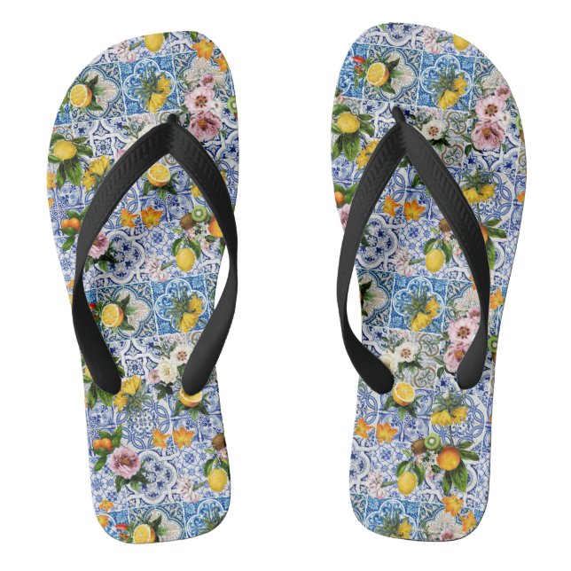 Sicilian style tiles with flowers and lemon flip flops (Footbed)
