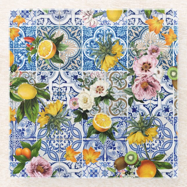 Sicilian style tiles with flowers and lemon glass coaster (Front)