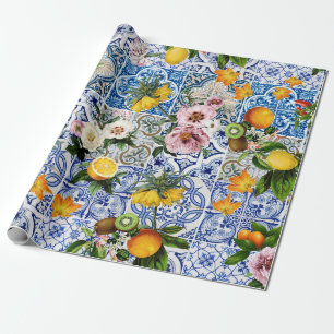 Sicilian style tiles with flowers and lemon wrapping paper