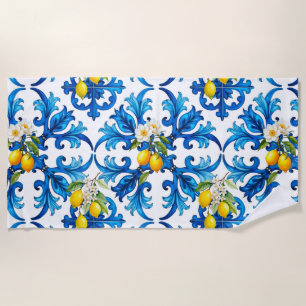 Sicilian,summer,lemon,mosaic,blue, Beach Towel