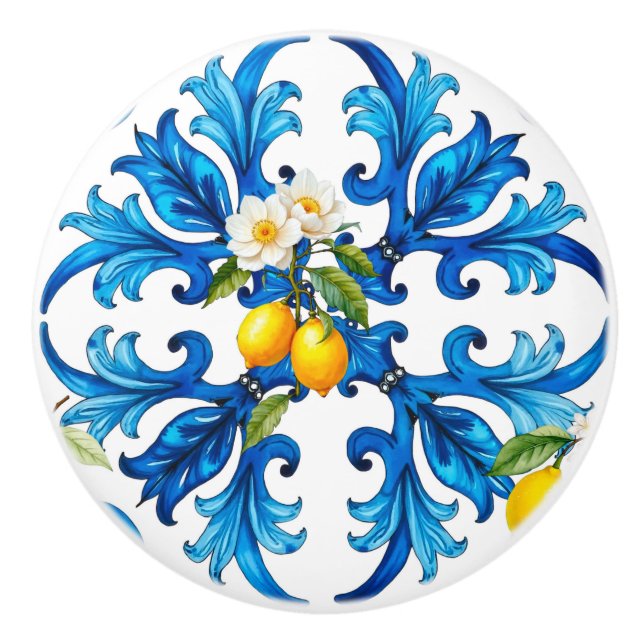 Sicilian,summer,lemon,mosaic,blue  ceramic knob (Front)