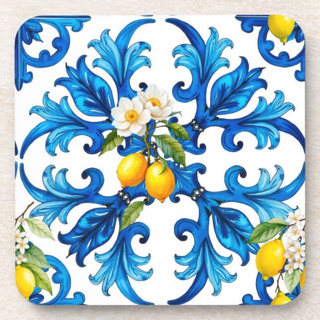 Sicilian,summer,lemon,mosaic,blue  coaster (Front)