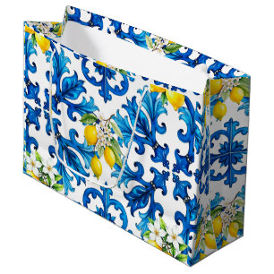 Sicilian,summer,lemon,mosaic,blue  large gift bag