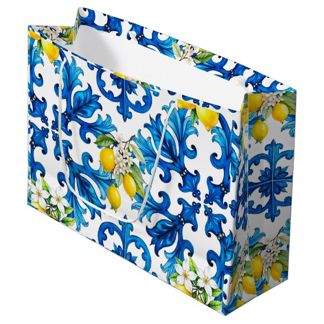 Sicilian,summer,lemon,mosaic,blue  large gift bag (Front Angled)
