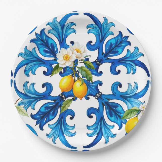 Sicilian,summer,lemon,mosaic,blue, Paper Plate (Front)