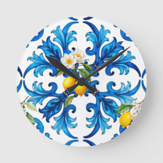 Sicilian,summer,lemon,mosaic,blue,scarf, Round Clock