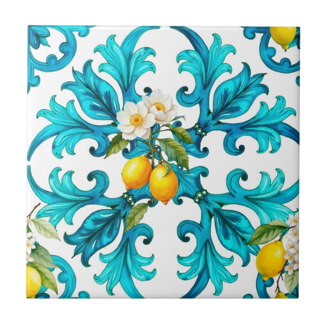 Sicilian,summer,lemon,mosaic,blue, Tile (Front)