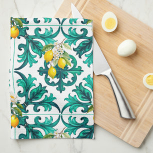 Sicilian,summer,lemon,mosaic,green, Tea Towel