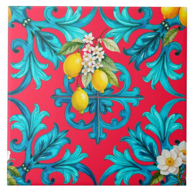 Sicilian,summer,lemon,mosaic,pink, Tile (Front)