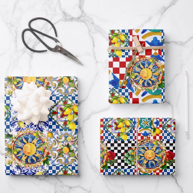 Sicilian sun,half moon,lemon,mediterranean tiles, wrapping paper sheet (Front)