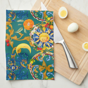 Sicilian sun,half moon,summer,majolica,lemon art, tea towel