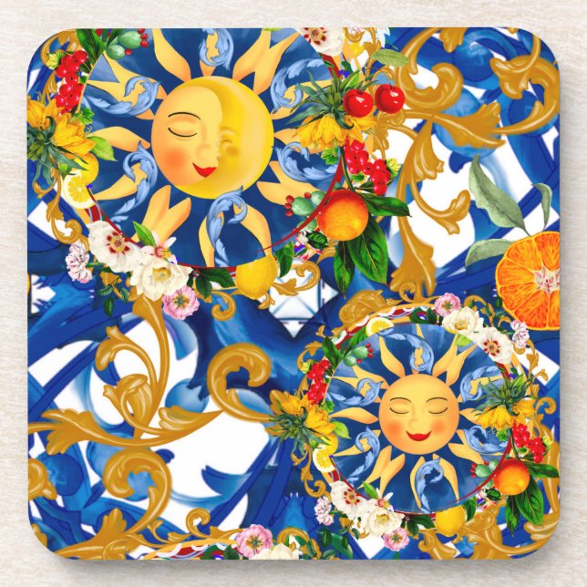 Sicilian sun,half moon,summer,majolica,lemon, coaster (Front)