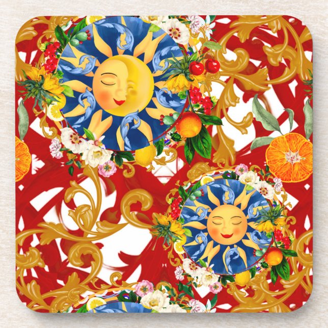 Sicilian sun,half moon,summer,majolica,lemon, coaster (Front)