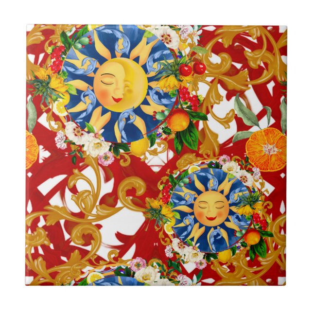 Sicilian sun,half moon,summer,majolica,lemon, tile (Front)
