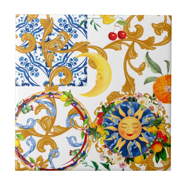 Sicilian sun,half moon,summer,majolica,lemon, tile (Front)