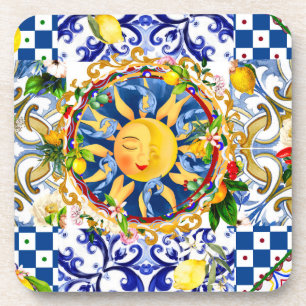 Sicilian sun,lemon,mediterranean tiles, coaster