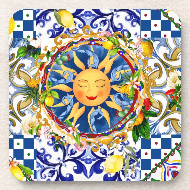 Sicilian sun,lemon,mediterranean tiles, coaster (Front)