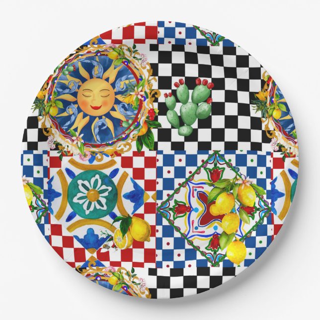 Sicilian sun,lemon,mediterranean tiles, paper plate (Front)