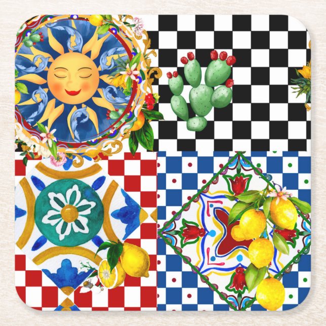 Sicilian sun,lemon,mediterranean tiles, square paper coaster (Front)