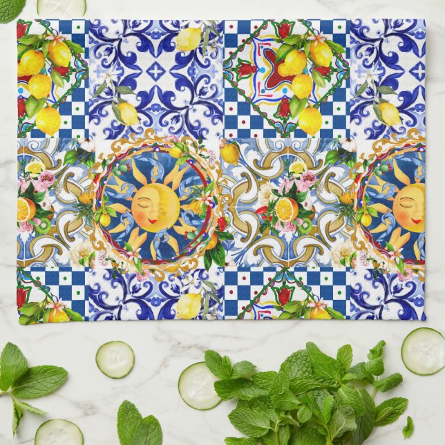 Sicilian sun,lemon,mediterranean tiles, tea towel (Folded)