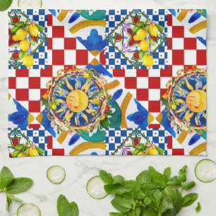 Sicilian sun,lemon,mediterranean tiles, tea towel