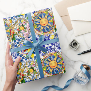 Sicilian sun,lemon,mediterranean tiles, wrapping paper