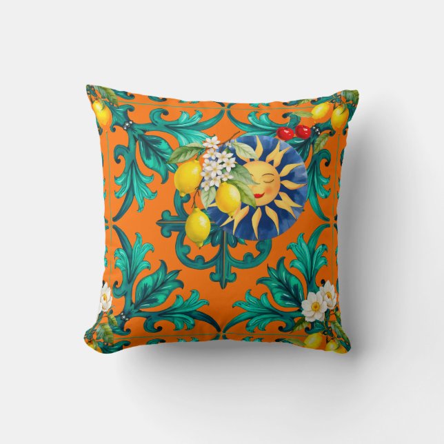 Sicilian sun,summer,lemon,mosaic,blue, cushion (Front)