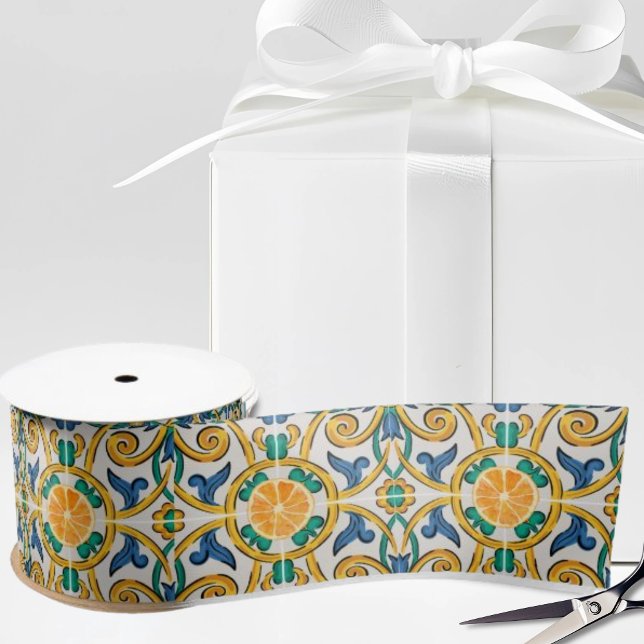 Sicilian Tile and Oranges on White Satin Ribbon (White satin ribbon featuring Sicilian tile patterns and oranges in a traditional pottery style)