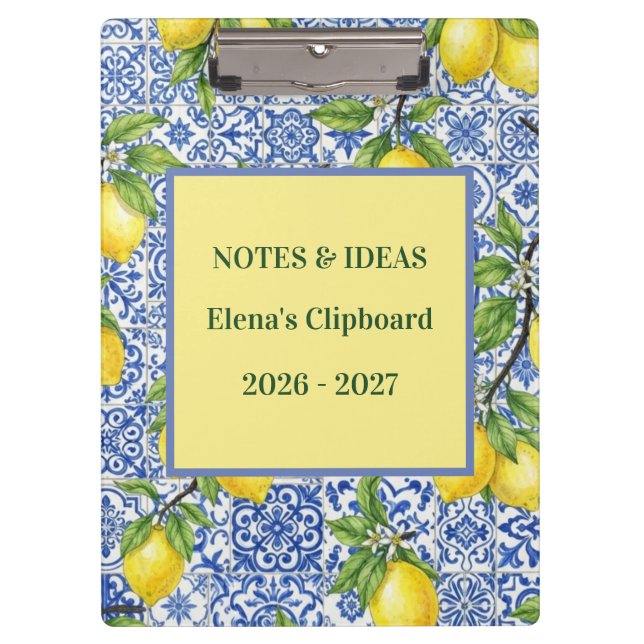 Sicilian Tile & Lemon Personalised Back to School Clipboard (Front)