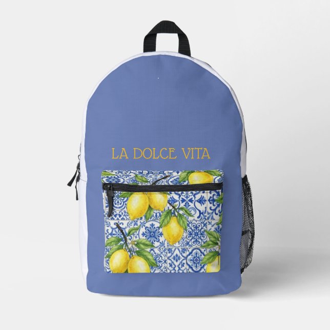 Sicilian Tile & Lemon Personalised School  Printed Backpack (Front)