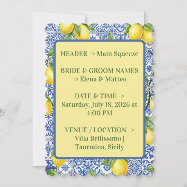 Sicilian Tile & Lemon Wedding Invitation  (Front)