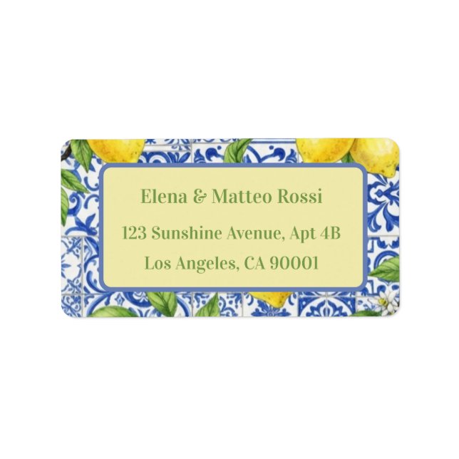 Sicilian Tile & Lemon Wedding Label (Front)