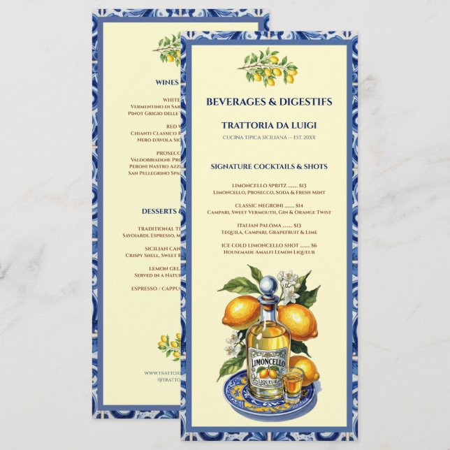 Sicilian Tile Limoncello Italian Drink Menu (Front/Back)