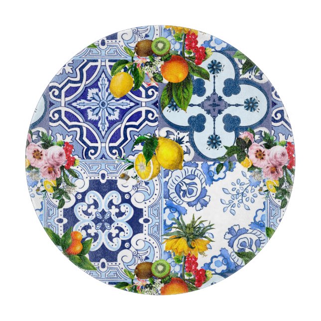 Sicilian tiles,majolica ,lemons,citrus   cutting board (Front)