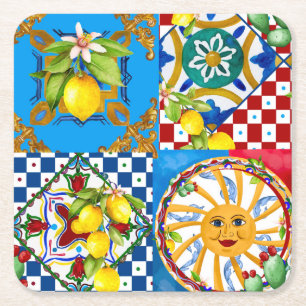 Sicilian tiles,majolica,lemons square paper coaster