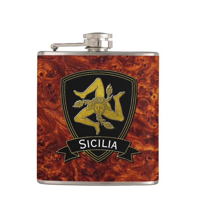Sicilian Trinacria Black & Gold Hip Flask (Front)