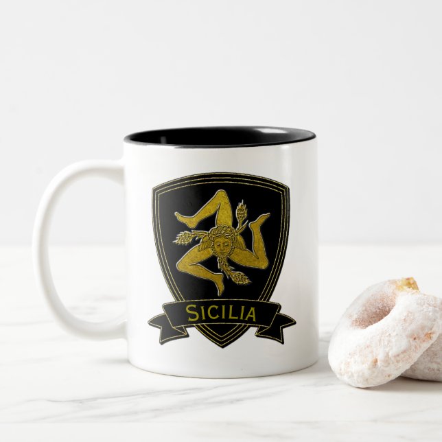 Sicilian Trinacria Black & Gold Two-Tone Coffee Mug (With Donut)
