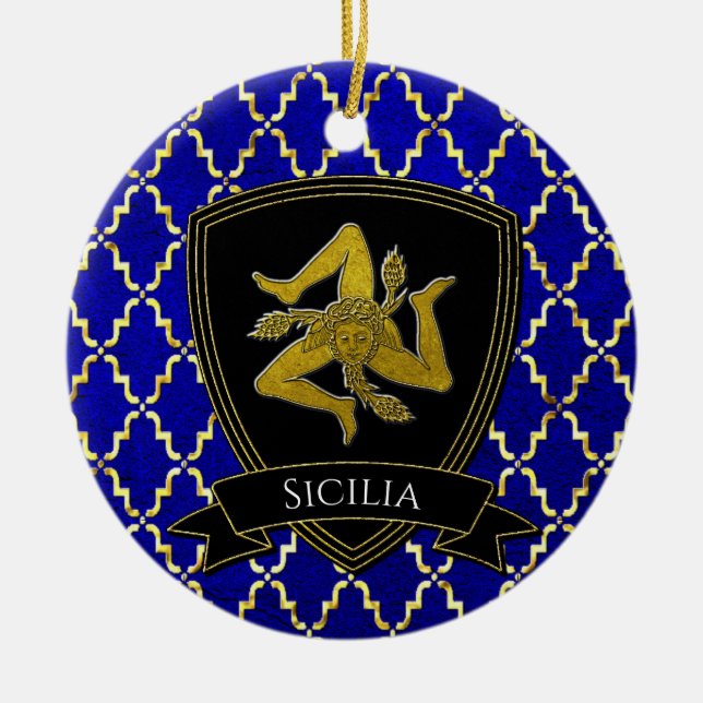 Sicilian Trinacria Gold Blue Ceramic Ornament (Front)