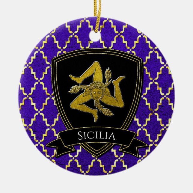 Sicilian Trinacria Gold Purple Ceramic Ornament (Front)