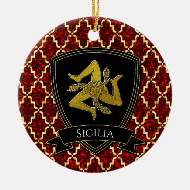 Sicilian Trinacria Gold Red Ceramic Tree Decoration (Front)