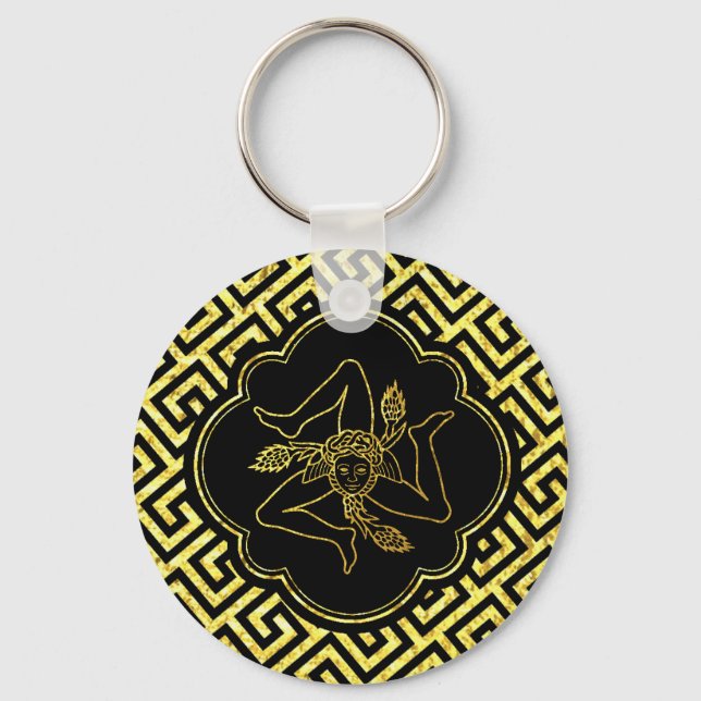 Sicilian Trinacria in Gold Black Key Ring (Front)